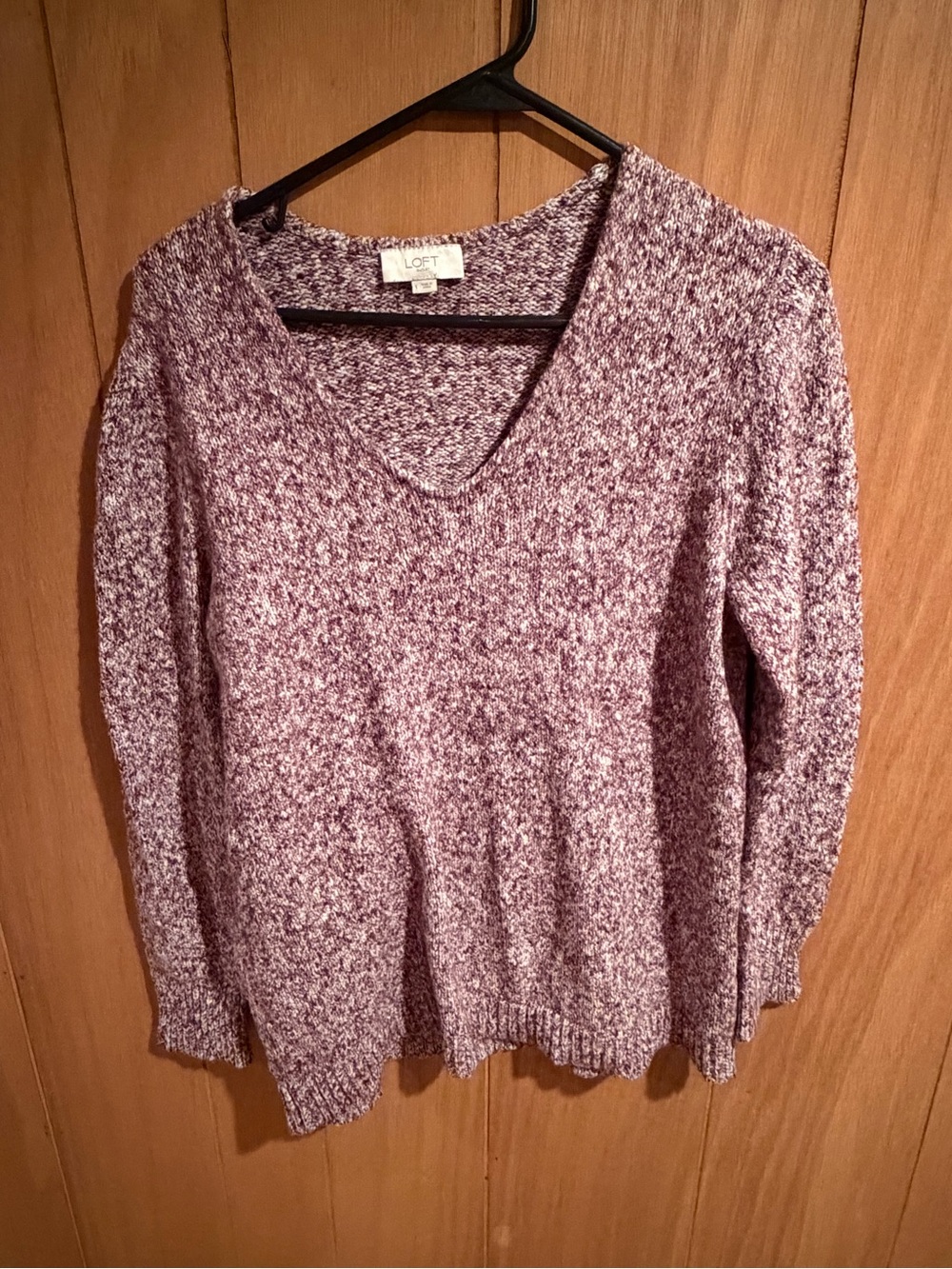 LOFT Marled Plum and White V-Neck Sweater